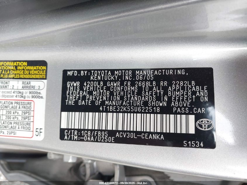 2005 Toyota Camry Le VIN: 4T1BE32K55U622518 Lot: 43346973