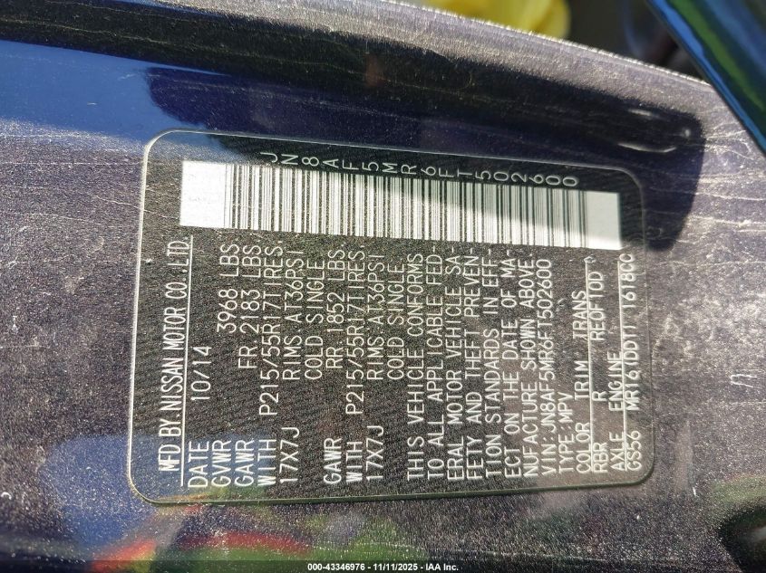 2015 Nissan Juke Sl VIN: JN8AF5MR6FT502600 Lot: 43346976