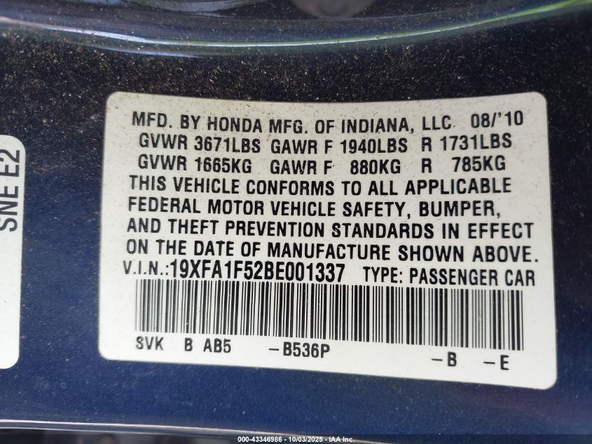 2011 Honda Civic Lx VIN: 19XFA1F52BE001337 Lot: 43346986
