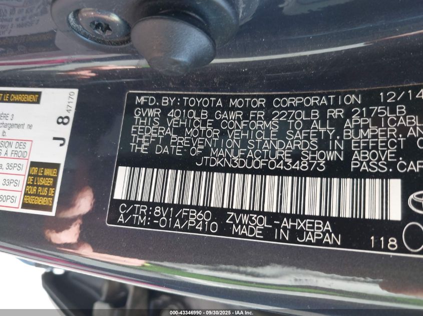 2015 Toyota Prius Two VIN: JTDKN3DU0F0434873 Lot: 43346990