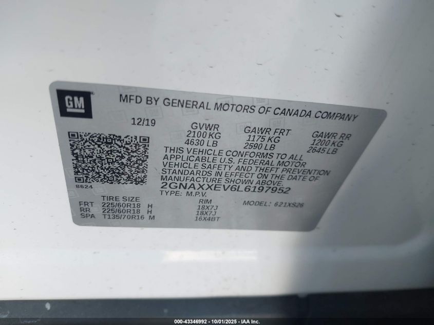 2020 Chevrolet Equinox Awd Premier 1.5L Turbo VIN: 2GNAXXEV6L6197952 Lot: 43346992