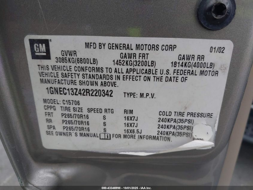 2002 Chevrolet Tahoe Ls VIN: 1GNEC13Z42R220342 Lot: 43346998