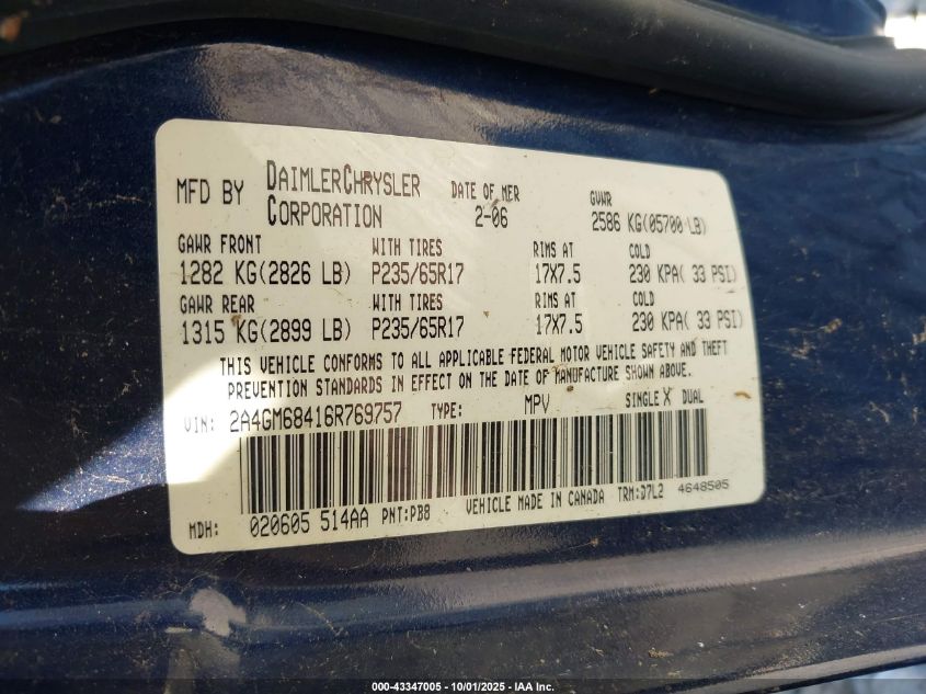 2006 Chrysler Pacifica Touring VIN: 2A4GM68416R769757 Lot: 43347005