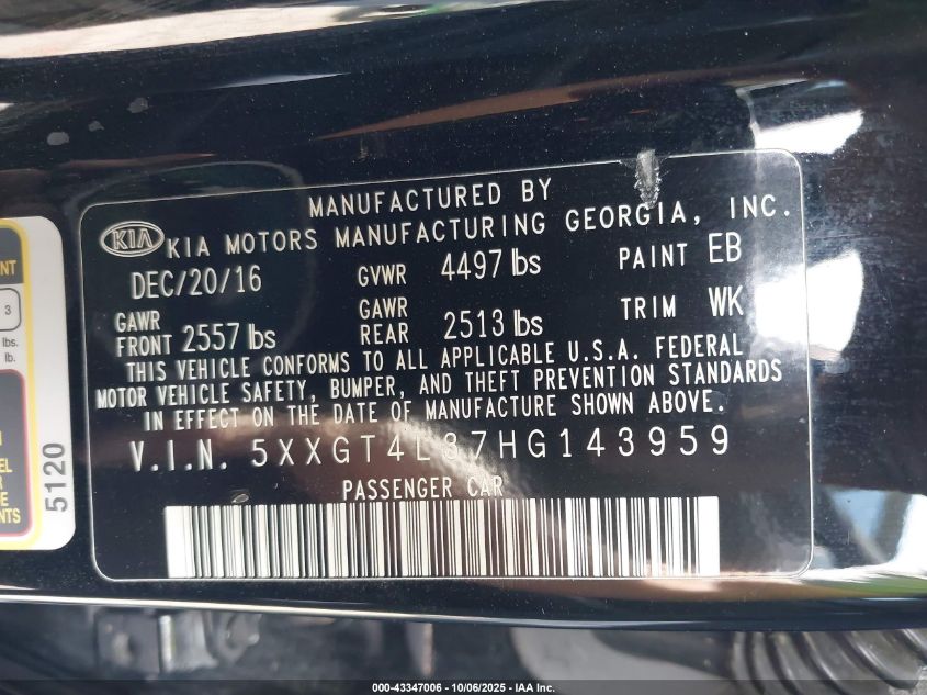 2017 Kia Optima Lx VIN: 5XXGT4L37HG143959 Lot: 43347006