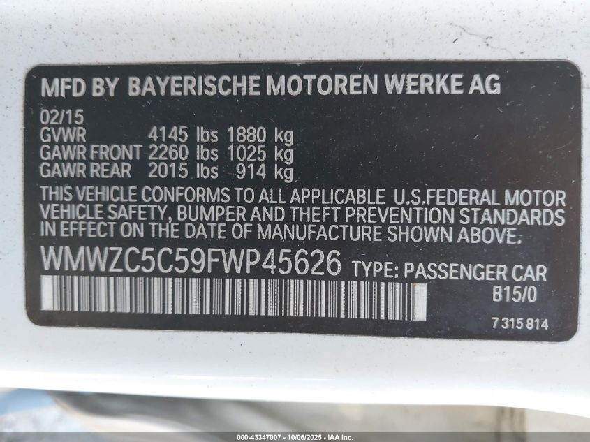 2015 Mini Countryman Cooper S VIN: WMWZC5C59FWP45626 Lot: 43347007