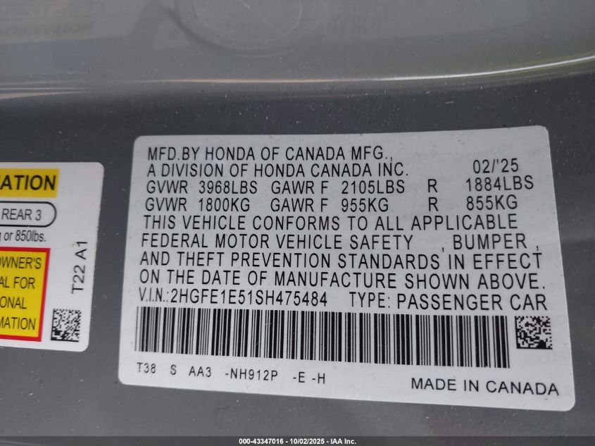 2025 Honda Civic Si Base W/High Performance Summer Tires/ VIN: 2HGFE1E51SH475484 Lot: 43347016