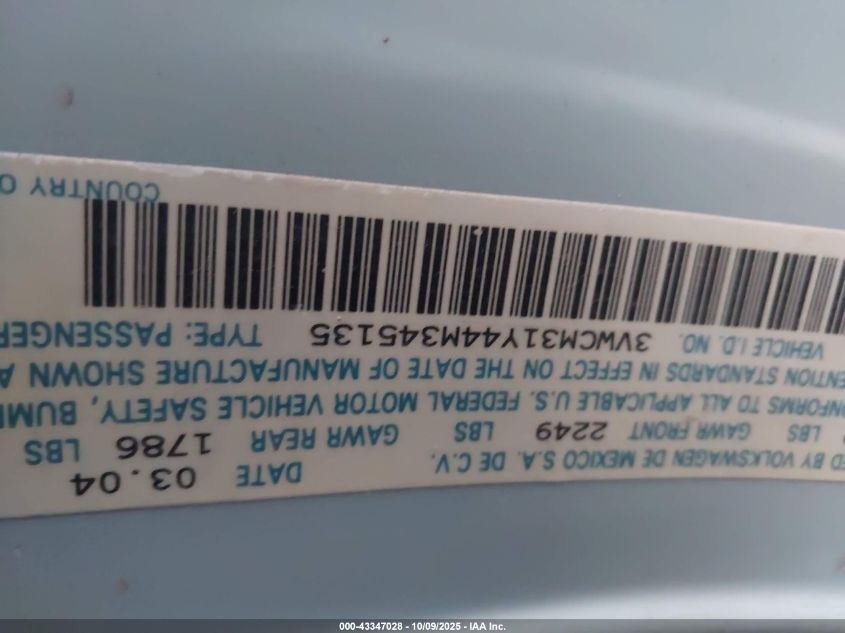 2004 Volkswagen New Beetle Gls VIN: 3VWCM31Y44M345135 Lot: 43347028