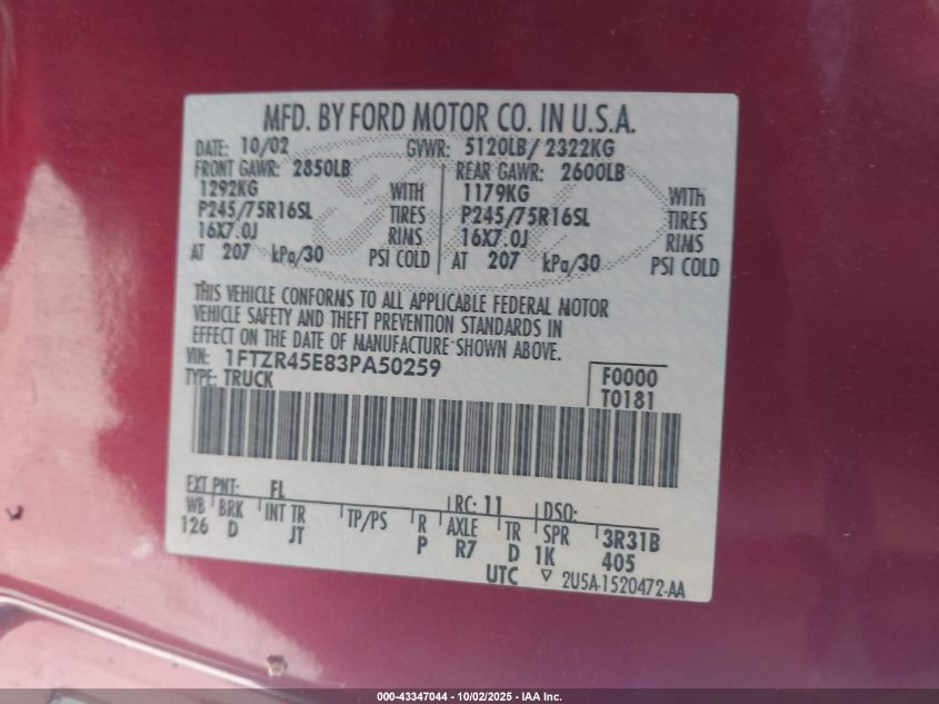 2003 Ford Ranger Edge/Xlt VIN: 1FTZR45E83P850259 Lot: 43347044