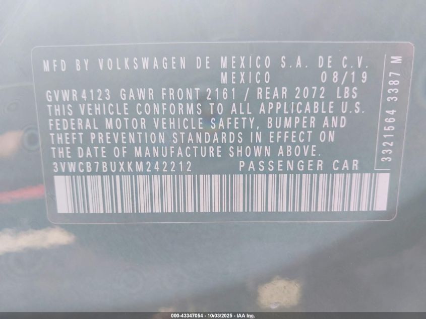 2019 Volkswagen Jetta 1.4T R-Line/1.4T S/1.4T Se VIN: 3VWCB7BUXKM242212 Lot: 43347054