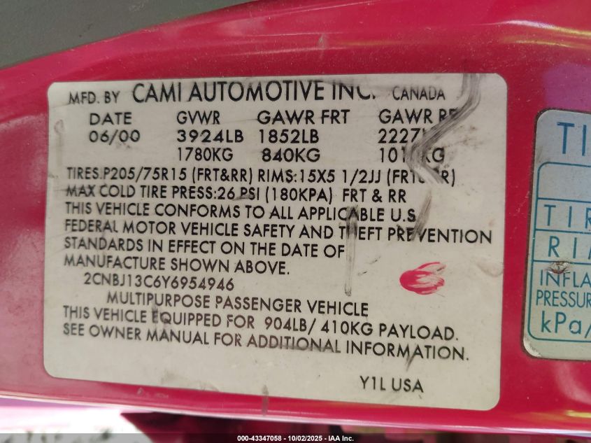 2000 Chevrolet Tracker Hard Top VIN: 2CNBJ13C6Y6954946 Lot: 43347058