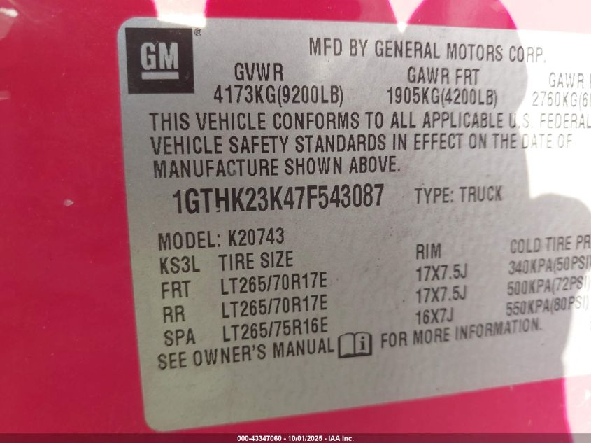 2007 GMC Sierra 2500Hd Slt VIN: 1GTHK23K47F543087 Lot: 43347060