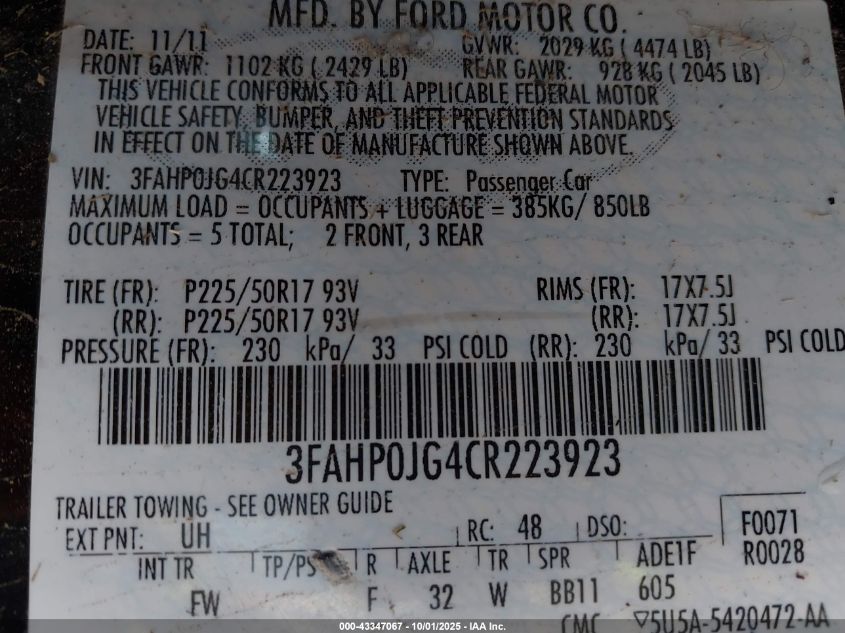 2012 Ford Fusion Sel VIN: 3FAHP0JG4CR223923 Lot: 43347067