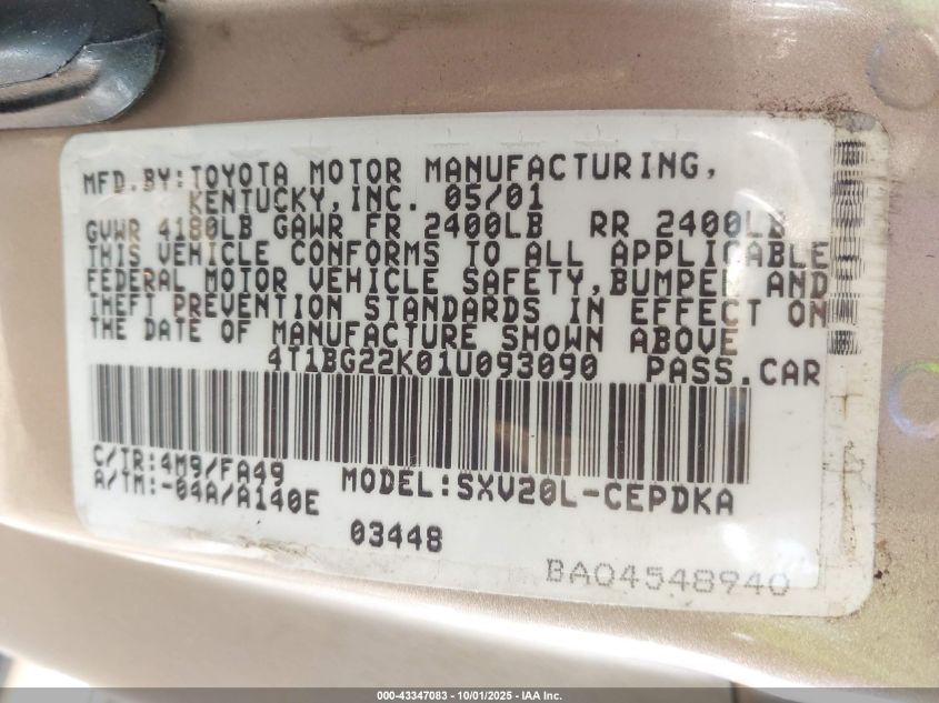 2001 Toyota Camry Ce VIN: 4T1BG22K01U093090 Lot: 43347083