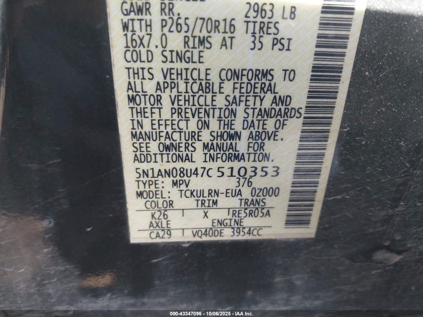 2007 Nissan Xterra S VIN: 5N1AN08U47C510353 Lot: 43347096