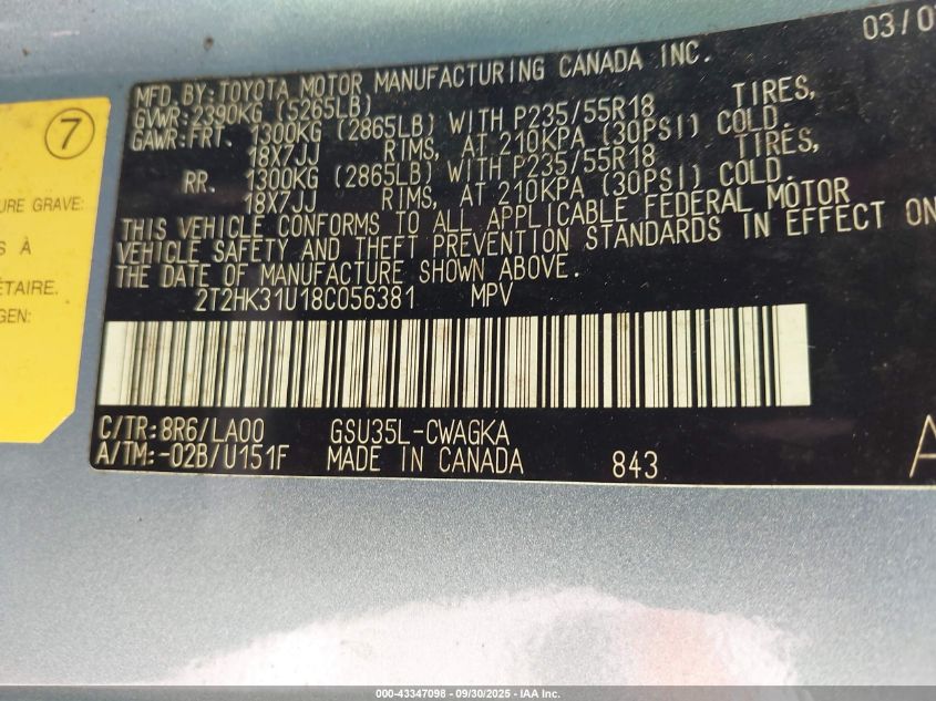 2008 Lexus Rx 350 VIN: 2T2HK31U18C056381 Lot: 43347098