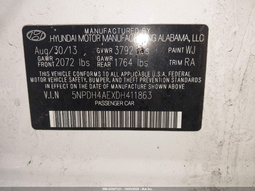 2013 Hyundai Elantra Gls VIN: 5NPDH4AEXDH411863 Lot: 43347121