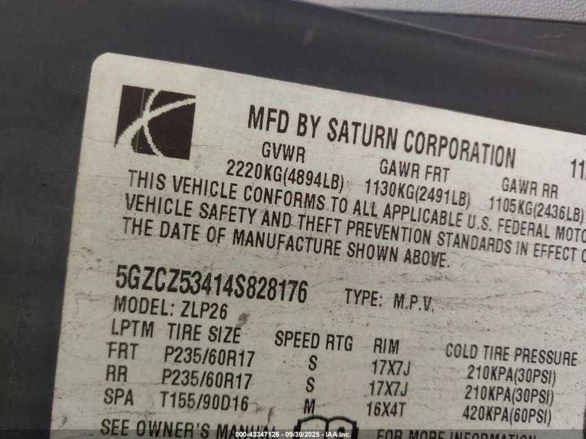 2004 Saturn Vue V6 VIN: 5GZCZ53414S828176 Lot: 43347126
