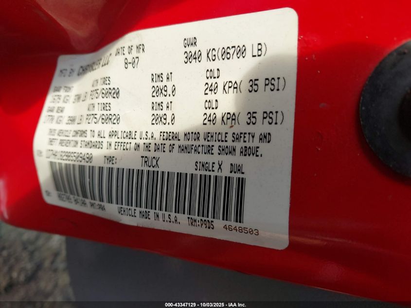 2008 Dodge Ram 1500 Slt VIN: 1D7HA18298S509490 Lot: 43347129