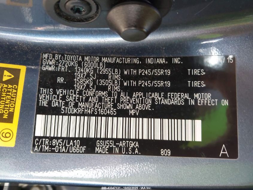 2015 Toyota Highlander Limited V6 VIN: 5TDDKRFH4FS160465 Lot: 43347131