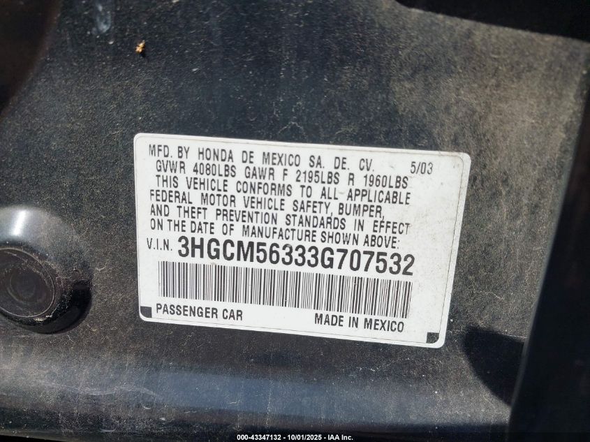 2003 Honda Accord 2.4 Lx VIN: 3HGCM56333G707532 Lot: 43347132