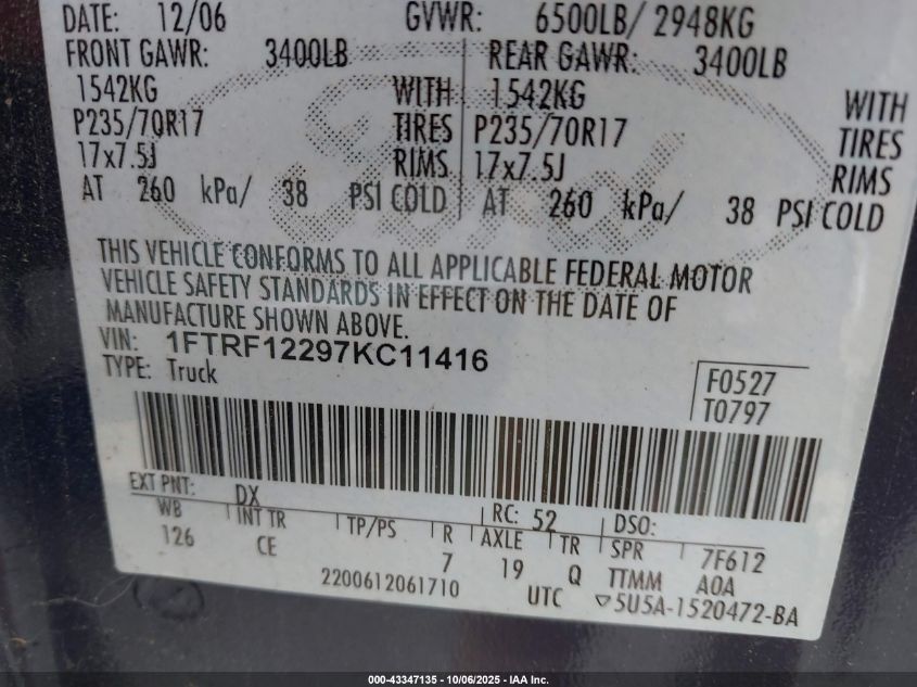 2007 Ford F-150 Stx/Xl/Xlt VIN: 1FTRF12297KC11416 Lot: 43347135