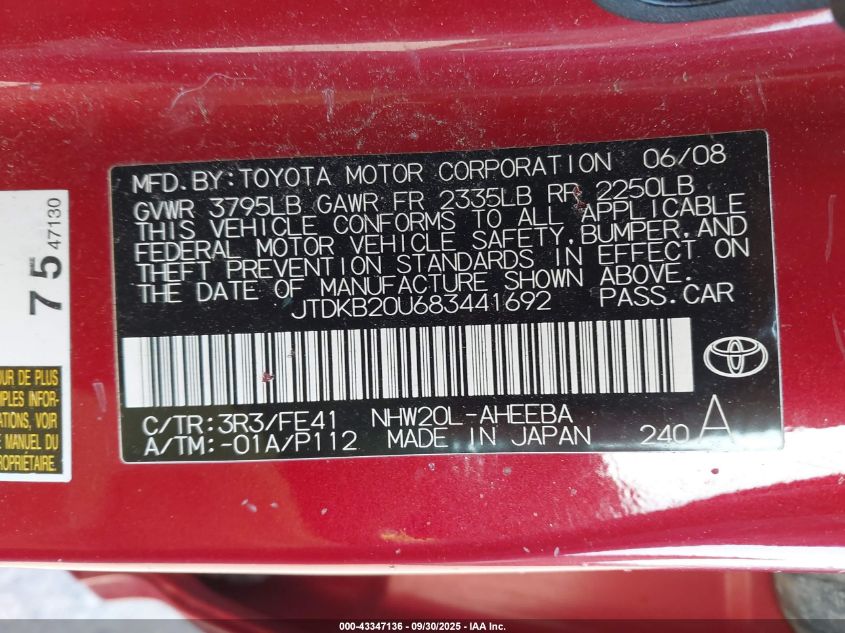 2008 Toyota Prius VIN: JTDKB20U683441692 Lot: 43347136