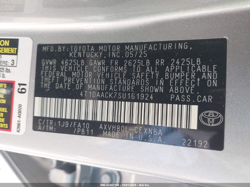 2025 Toyota Camry Le VIN: 4T1DAACK7SU161924 Lot: 43347140