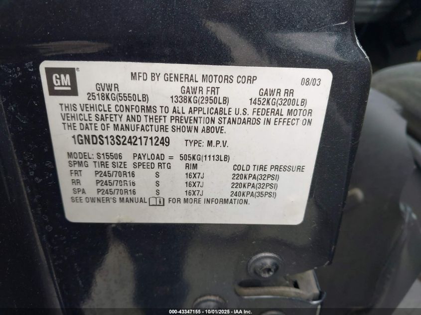 2004 Chevrolet Trailblazer Ls VIN: 1GNDS13S242171249 Lot: 43347155