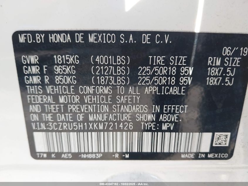 2019 Honda Hr-V Sport VIN: 3CZRU5H1XKM721426 Lot: 43347162