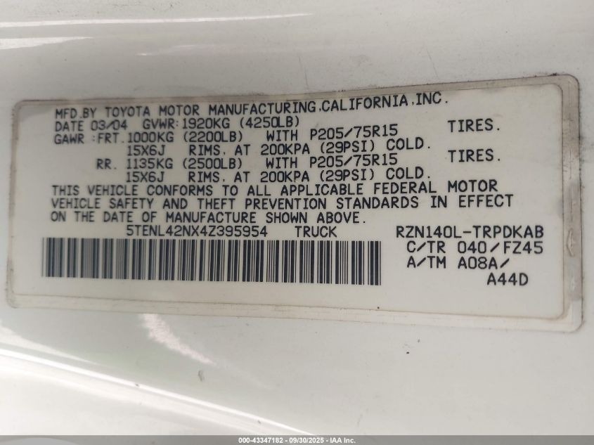 2004 Toyota Tacoma VIN: 5TENL42NX4Z395954 Lot: 43347182
