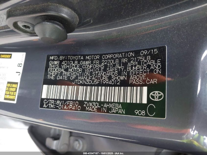 2015 Toyota Prius Two VIN: JTDKN3DU5F1994012 Lot: 43347187