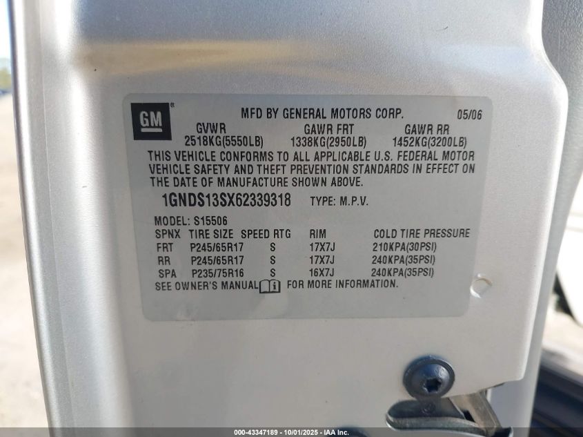 2006 Chevrolet Trailblazer Ls VIN: 1GNDS13SX62339318 Lot: 43347189