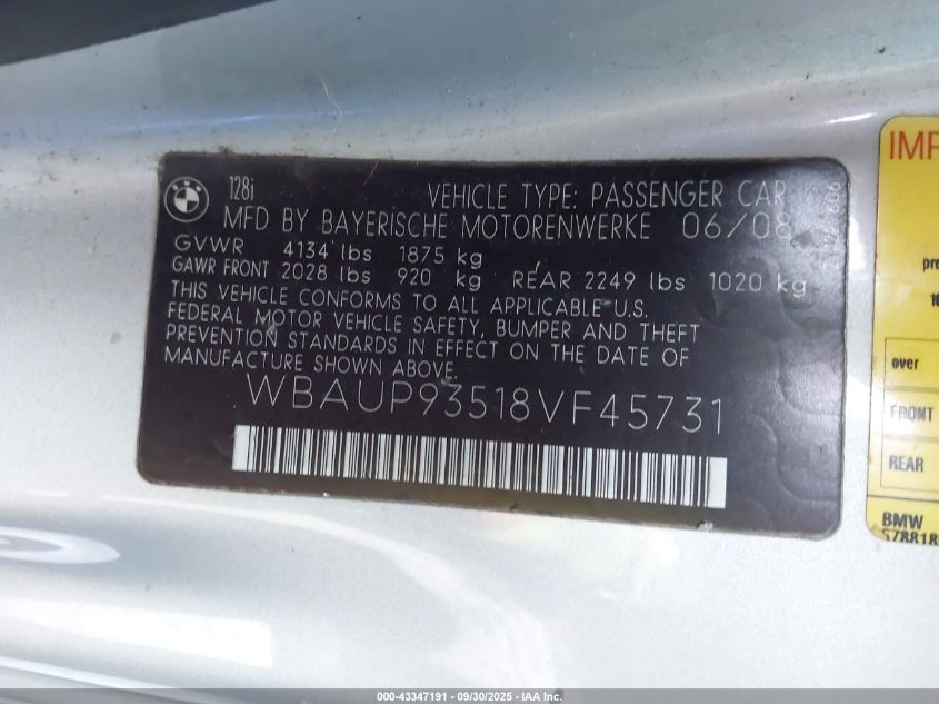 2008 BMW 128I VIN: WBAUP93518VF45731 Lot: 43347191
