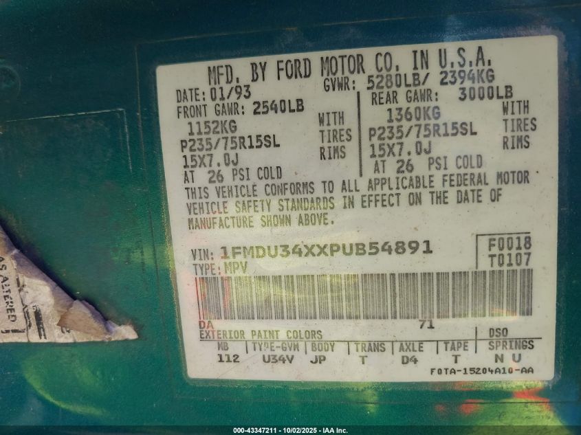 1993 Ford Explorer VIN: 1FMDU34XXPUB54891 Lot: 43347211