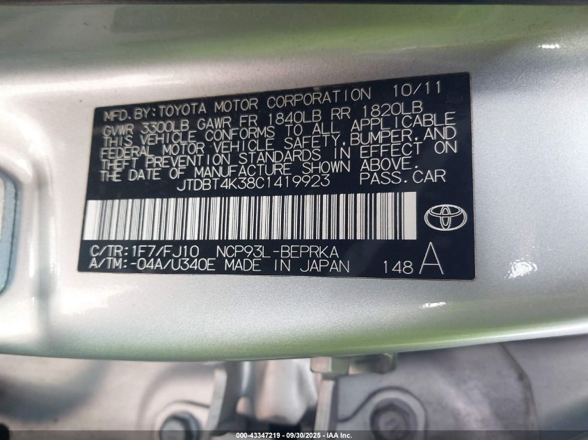 2012 Toyota Yaris VIN: JTDBT4K38C1419923 Lot: 43347219