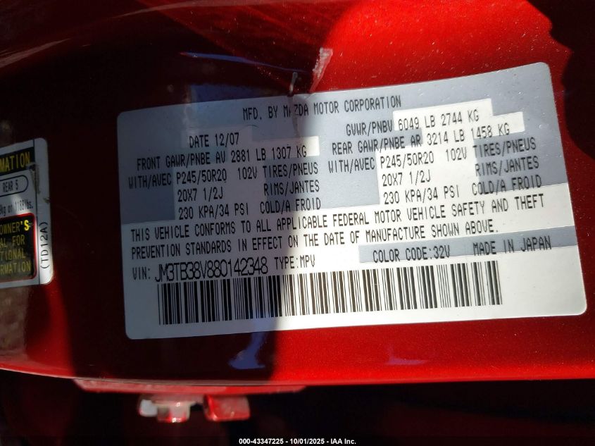 2008 Mazda Cx-9 Grand Touring VIN: JM3TB38V880142348 Lot: 43347225