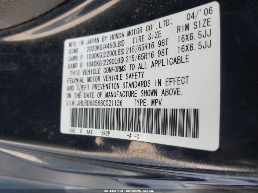 2006 Honda Cr-V Lx VIN: JHLRD68566C021136 Lot: 43347228