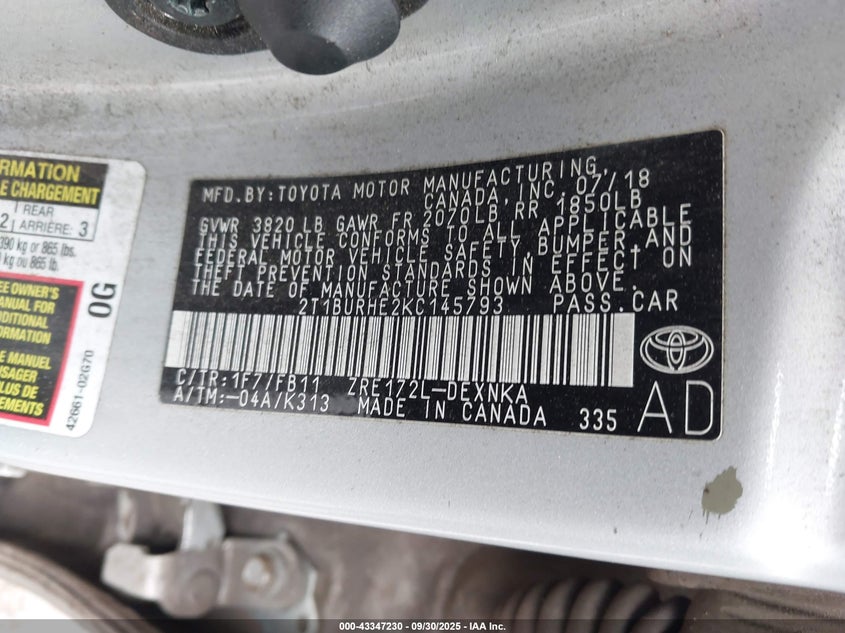 2019 TOYOTA COROLLA LE - 2T1BURHE2KC145793