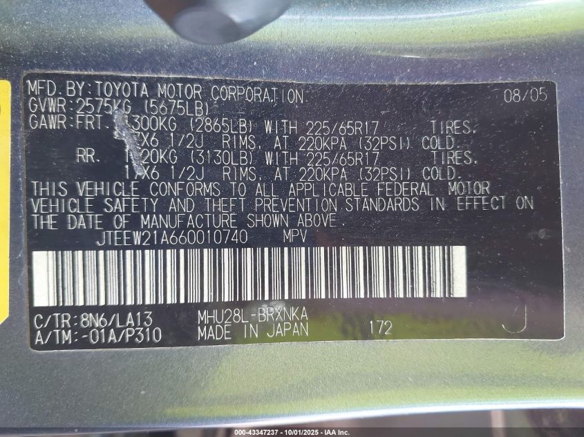 2006 Toyota Highlander Hybrid Limited V6 VIN: JTEEW21A660010740 Lot: 43347237