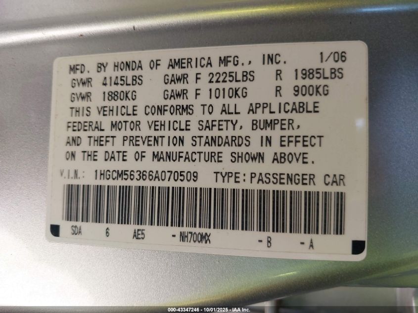 2006 Honda Accord 2.4 Se VIN: 1HGCM56366A070509 Lot: 43347246