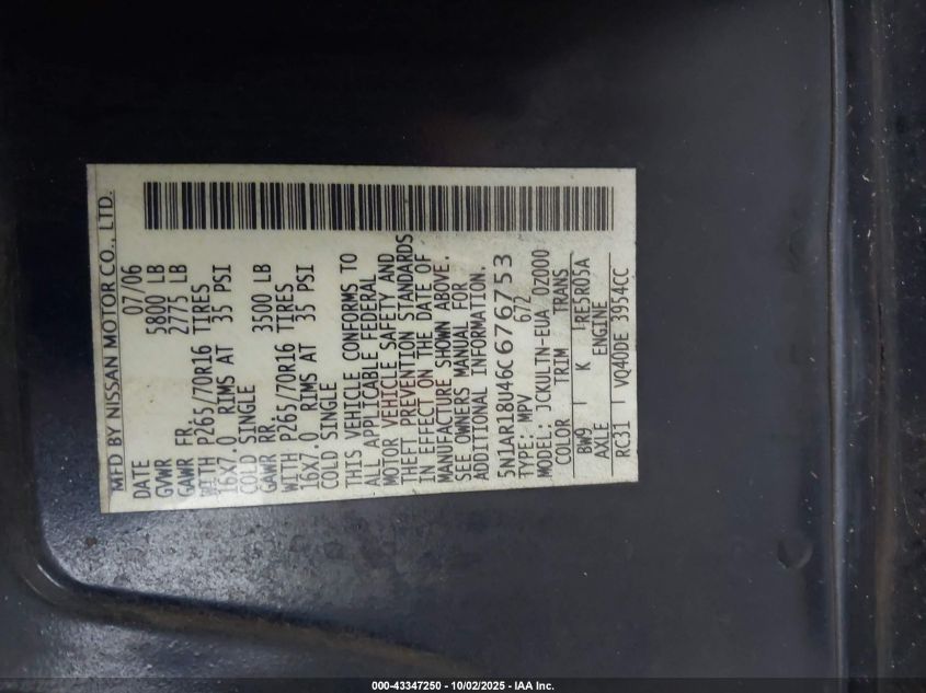 2006 Nissan Pathfinder Se VIN: 5N1AR18U46C676753 Lot: 43347250