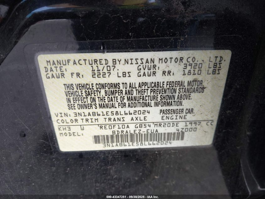 2008 Nissan Sentra 2.0S VIN: 3N1AB61E58L662024 Lot: 43347251