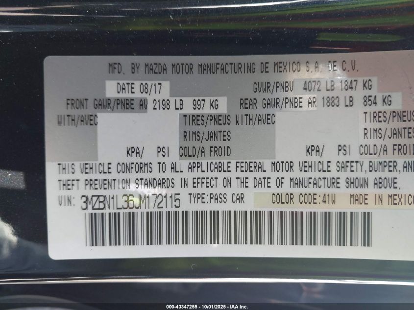2018 Mazda Mazda3 Touring VIN: 3MZBN1L36JM172115 Lot: 43347255