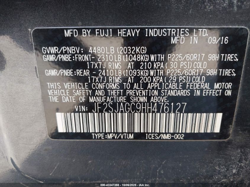 2017 Subaru Forester 2.5I Premium VIN: JF2SJAGC9HH476127 Lot: 43347256