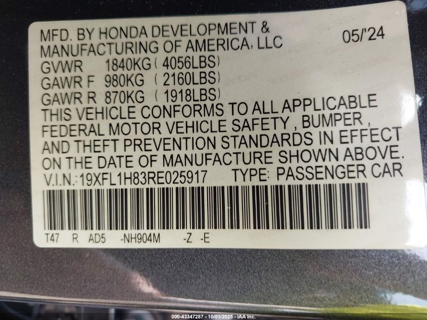 2024 Honda Civic Sport Touring VIN: 19XFL1H83RE025917 Lot: 43347287