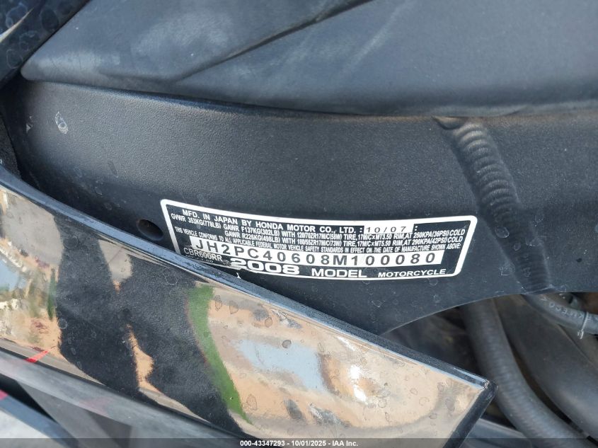 2008 Honda Cbr600 Rr VIN: JH2PC40608M100080 Lot: 43347293