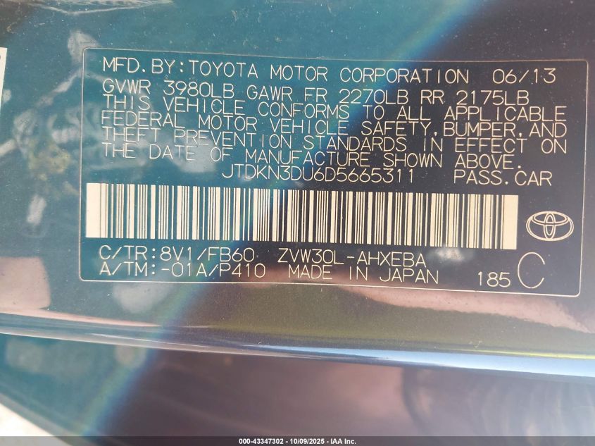 2013 Toyota Prius Two VIN: JTDKN3DU6D5665311 Lot: 43347302