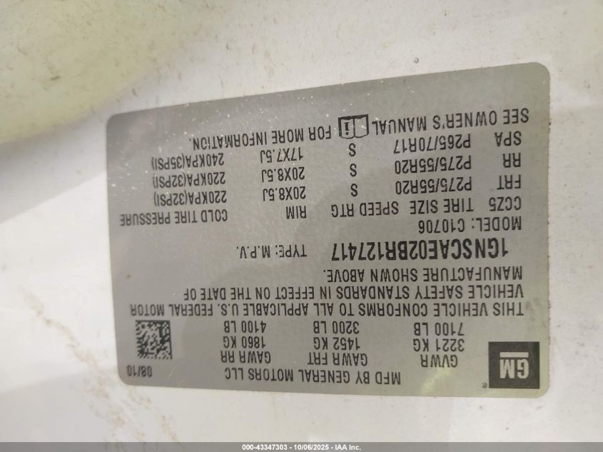 2011 Chevrolet Tahoe Ls VIN: 1GNSCAE02BR127417 Lot: 43347303