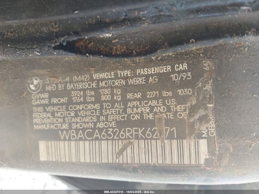 1994 BMW 318 I Automatic VIN: WBACA6326RFK62171 Lot: 43347310