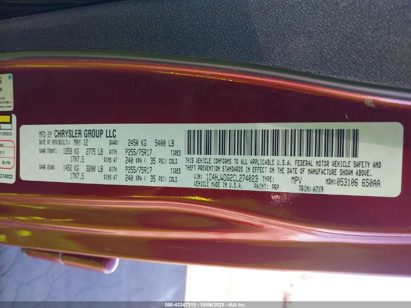 2012 Jeep Wrangler Unlimited Sport VIN: 1C4HJWDG2CL274023 Lot: 43347319